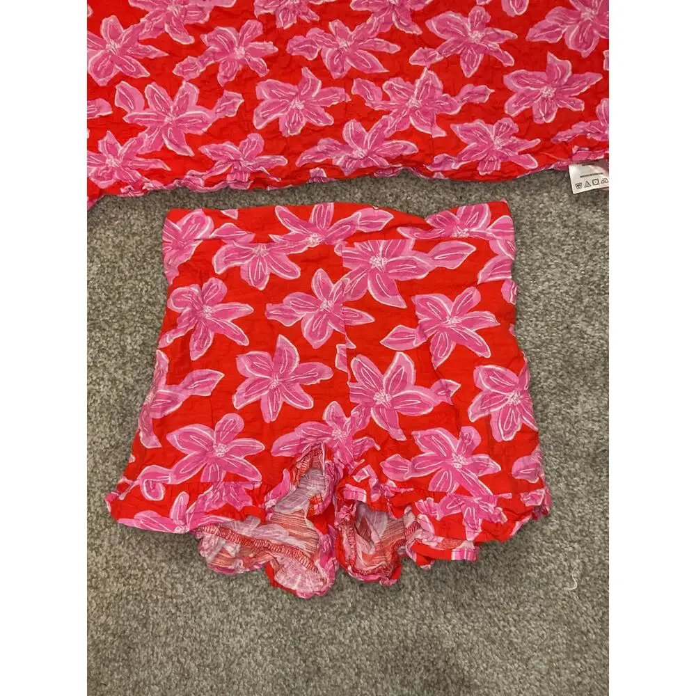 Tahari Girls 2 Piece Floral Short Set Pink Orange Cotton Summer Outfit, 8